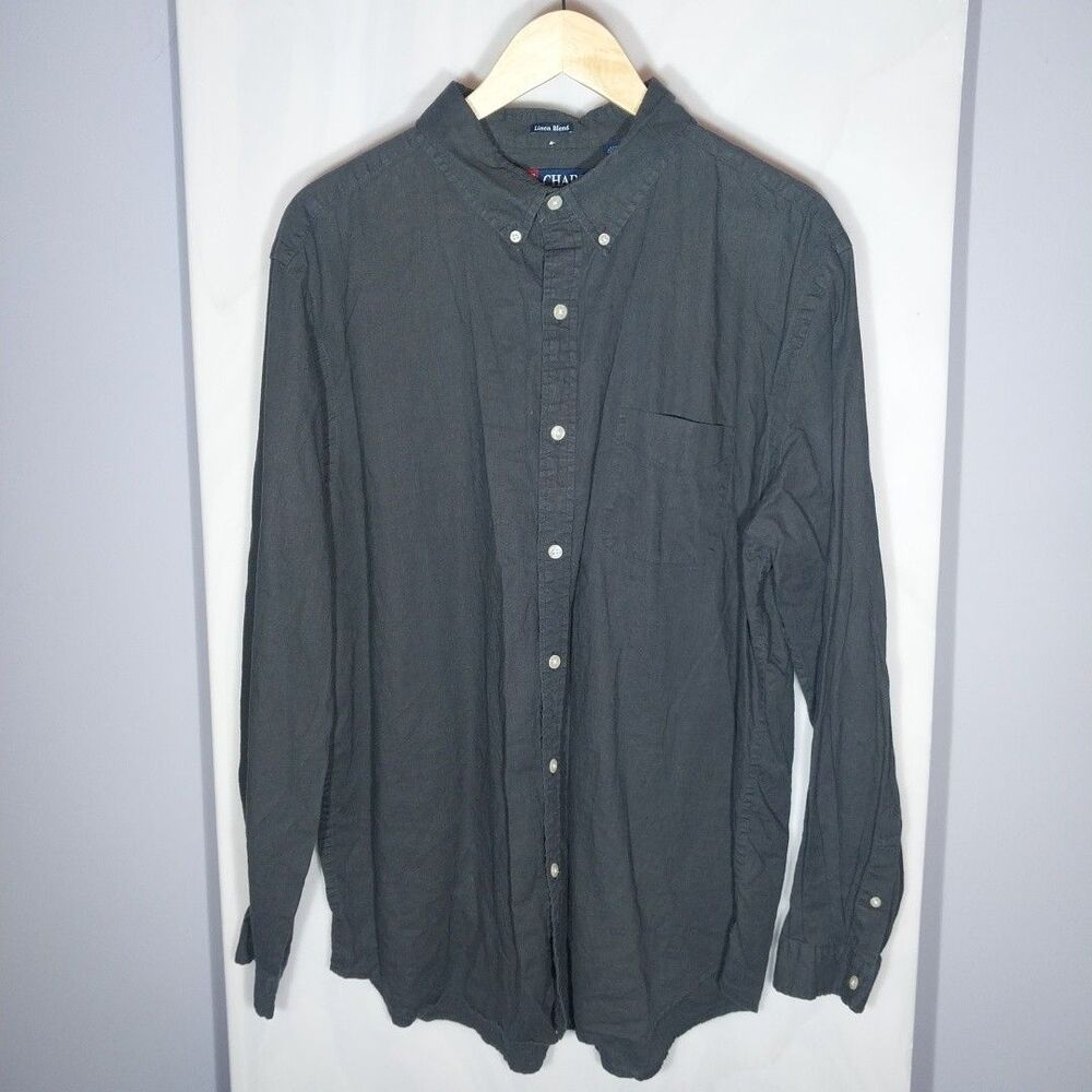 Men's Chaps Linen Blend Button Down Shirt XL Charcoal Gray Long Sleeve Classic